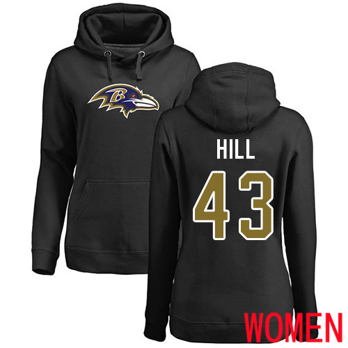 Baltimore Ravens Black Women Justice Hill Name and Number Logo NFL Football #43 Pullover Hoodie Sweatshirt